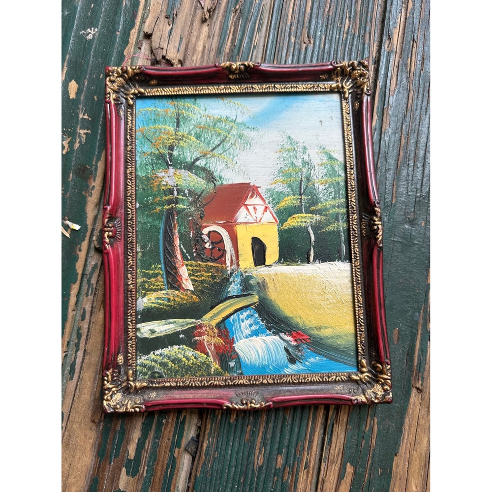Vintage Watermill Landscape Oil Painting Ornate Red Gold Frame 7.5x9 Impasto Art